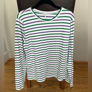 Kule The Modern Long-sleeve Tee. White w/ purple and green stripes. Size Large.